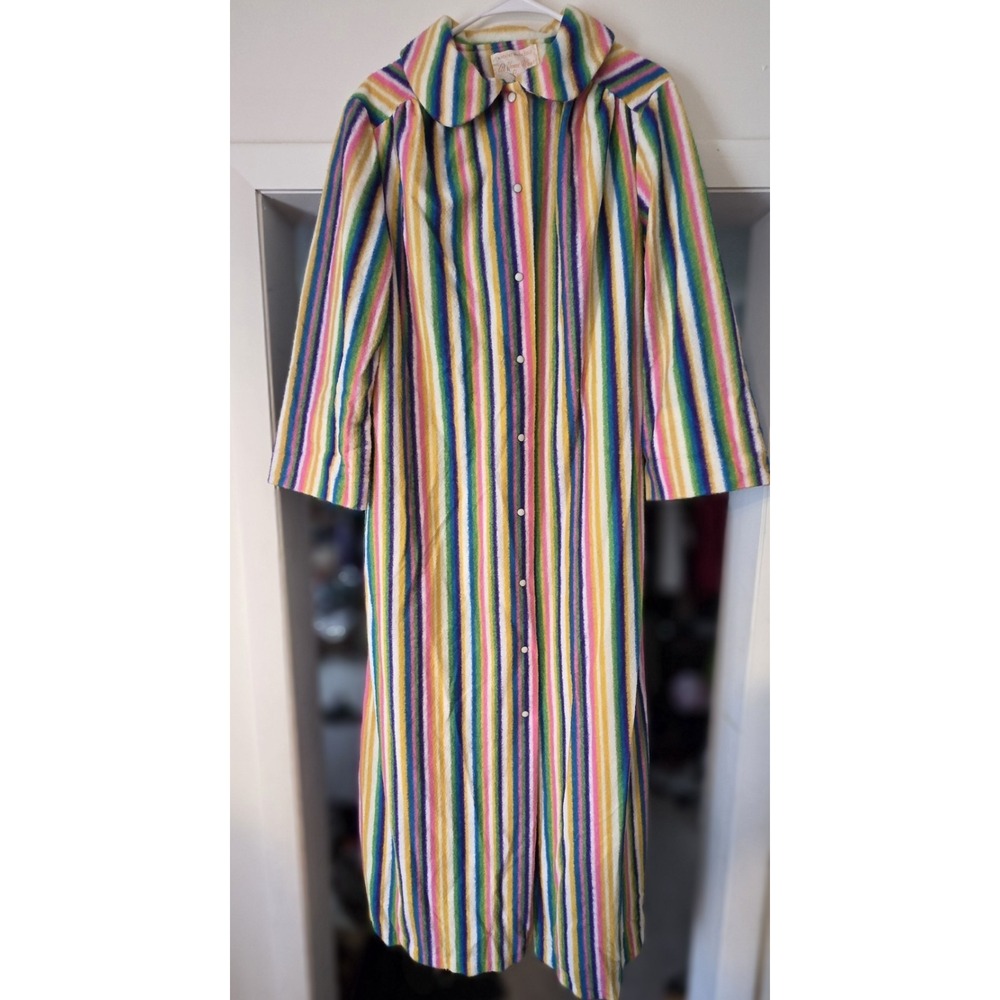 Sears At Home Wear Rainbow Stripe Fleece Snap Maxi Robe Womens L 70s